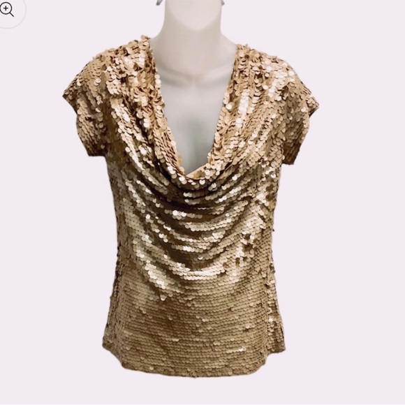 Gold Sequin Cap Sleeve Top w Stretch - Picture 1 of 9